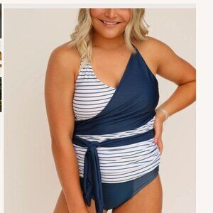 NWT Nani Women's Small Tankini Top Swim Swimsuit Pinstripe Wrap Tie Blue White